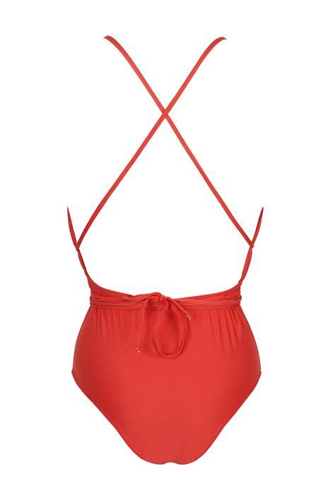 Red Plunging One Piece Swimsuit With Slim Back Crossed Straps New