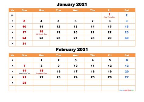 Janfeb 2021 Calendar Month Calendar Printable