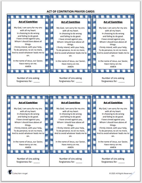 Act Of Contrition Free Printable Prayer Cards Catechism Angel Free