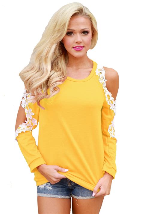 Yellow Trim Cold Shoulder Long Sleeve Lace Top Yellow Long Sleeve