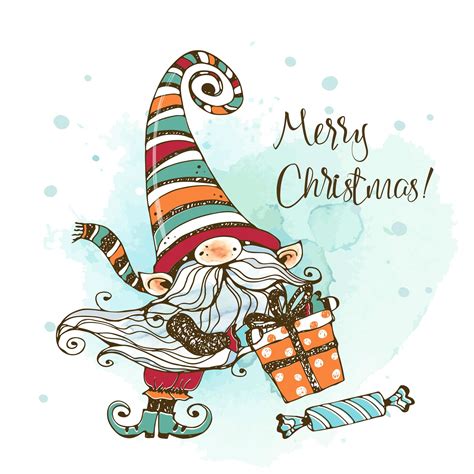 Cute Christmas Gnome With Ts In Doodle Style 1631963 Vector Art At