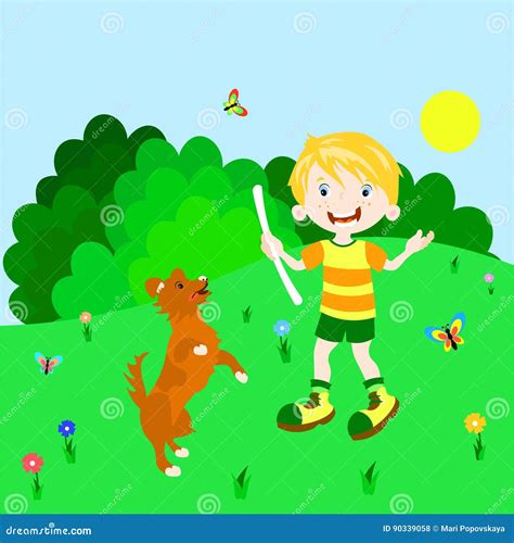 Boy Playing With Dog Stock Vector Illustration Of Park 90339058