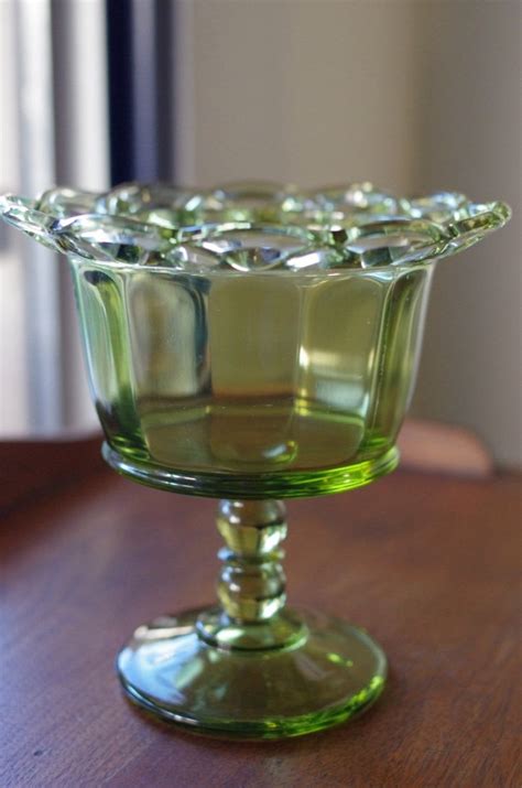 vintage green glass pedestal dish lattice edged compote etsy