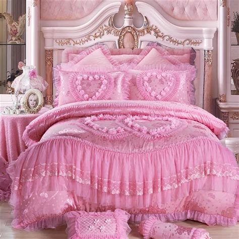 4 6 8pcs Princess Lace Luxury Bedding Set Queen King Size Pink Jacquard Wedding Bed Cover