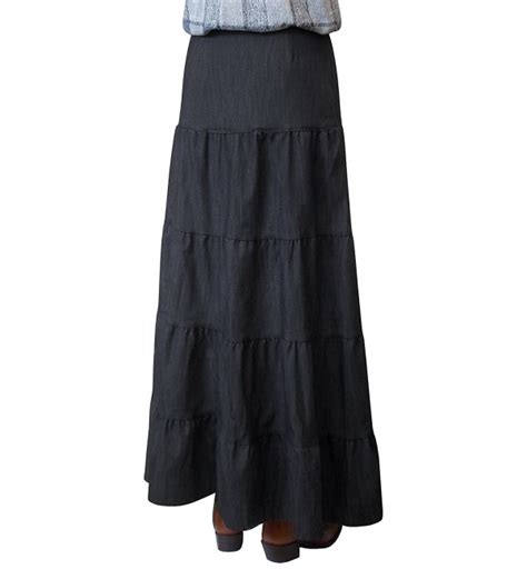 Babyo Womens Long Ankle Length Tiered Denim Prairie Skirt Dark Blue