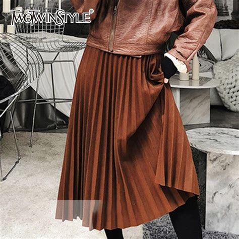 twotwinstyle woolen skirts for women loose high waist midi a line pleated skirt female 2018