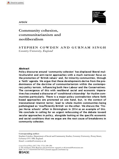 Community Cohesion Communitarianism And Neoliberalism Pdf Neoliberalism Islamophobia