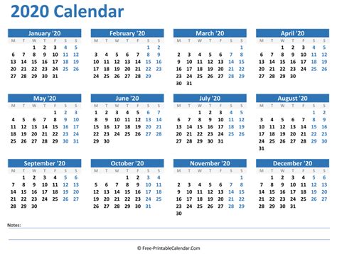 2020 Yearly Calendar With Notes Horizontal Layout