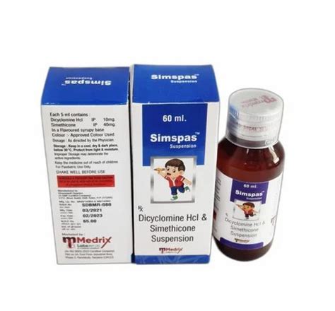 Suspension Syrup Dicyclomine 10 Mg Simethicone 40 Mg Susp For Clinical Packaging Size 60 Ml