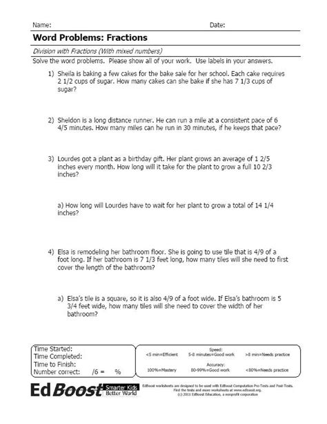 Divide Fractions And Mixed Numbers Word Problems Worksheet