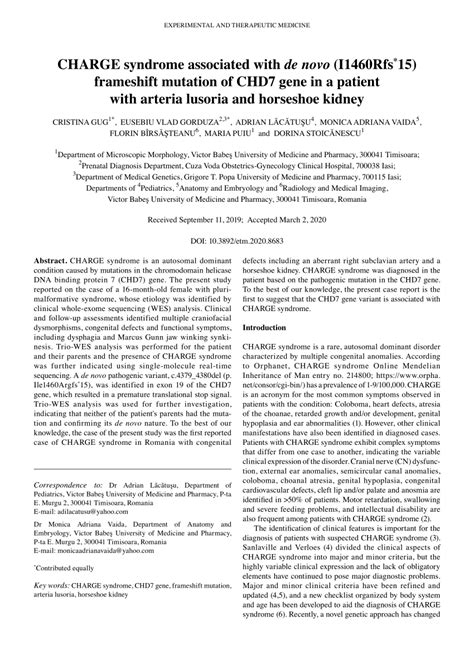 Pdf Charge Syndrome Associated With De Novo I1460rfs15 Frameshift