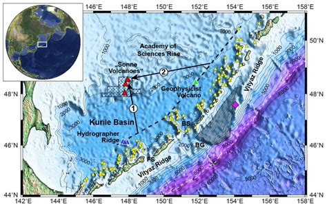 These volcanoes can make a chain of islands called an island arc. Location of the submarine volcanic edifices in the Kurile ...