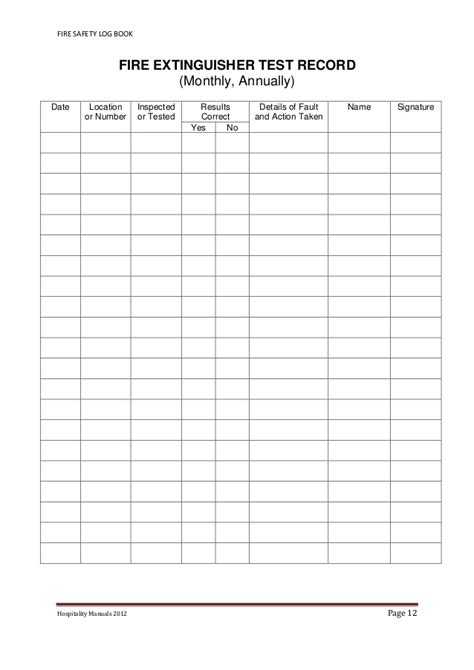 Monthly fire extinguisher inspection form excel Fire safety-log-book-2012