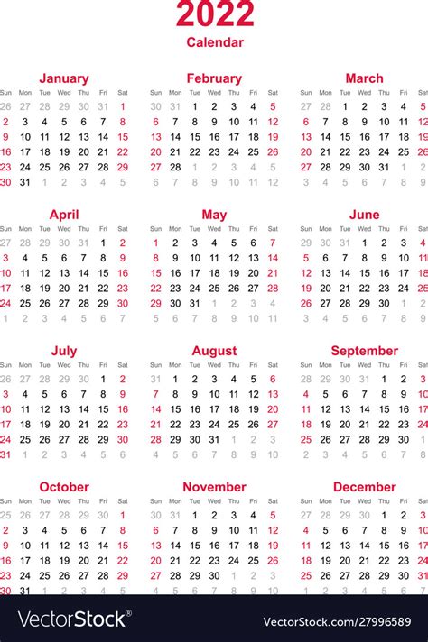 Calendar 2022 12 Months Yearly Calendar Vector Image