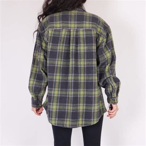 90s Green Plaid Flannel Shirt Jacket Brandcold Depop