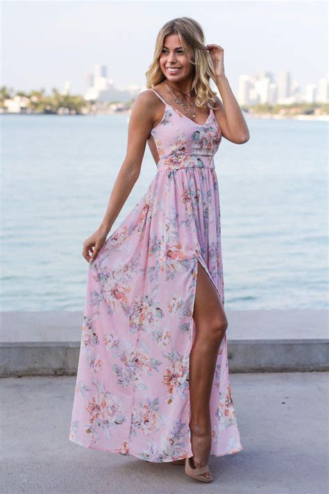 Pink Floral Maxi Dress With Open Back And Side Slit Maxi Dresses