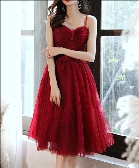 Elegant Wine Red Tulle Short Knee Length Prom Dress Homecoming Dress