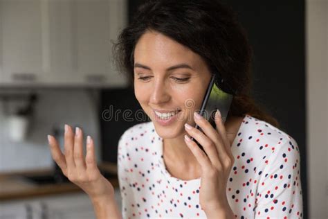 Close Up Smiling Woman Talking On Phone Enjoying Pleasant Conversation Stock Image Image Of