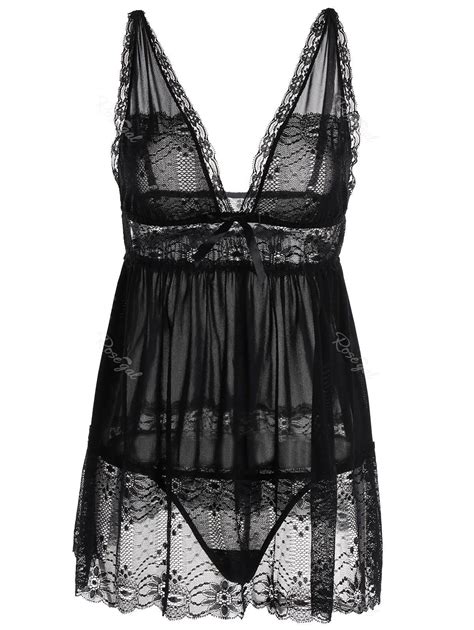 4 Off Lace Sheer Plus Size Plunge Babydoll Rosegal