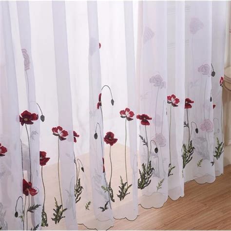 Classic White Sheer Embroidered Red Flower Curtains Tulle For Living