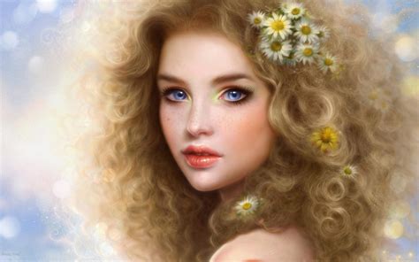 2560x1600 Girl Blonde Blue Eyes Curls Lips Person Camomiles
