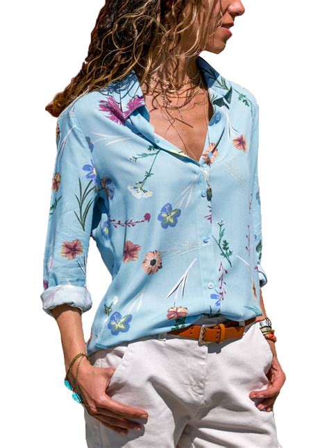 Chic blouse & shirt at plantesal. Light Blue Women's Floral Print Long Sleeve Turn-Down ...