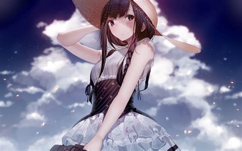 Anime Anime Girls Brunette White Dress Straw Hat Long Hair Sun