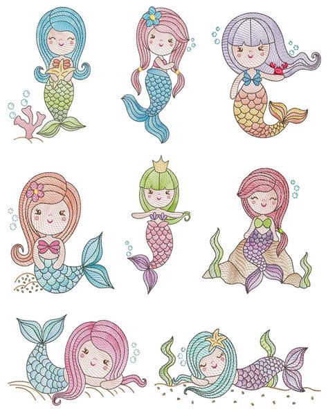 Vintage Sketch Mermaids Mermaid Embroidery Patterns Mermaid Machine