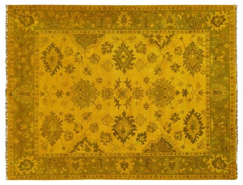 Floral Overdyed Oushak Mustard Yellow 9x12 Hand Knotted Wool Turkish