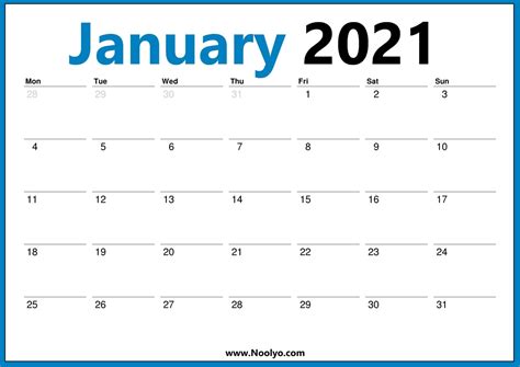 January 2021 Calendar Monday Start Calendars Printable