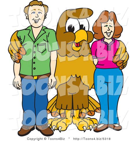 Vector Illustration Of A Cartoon Hawk Mascot Character With Adults By