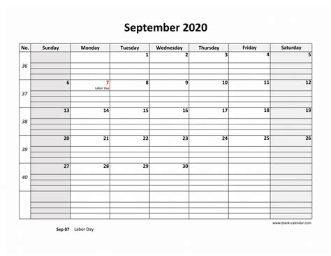 Free Download Printable September 2020 Calendar Large Box Grid Space