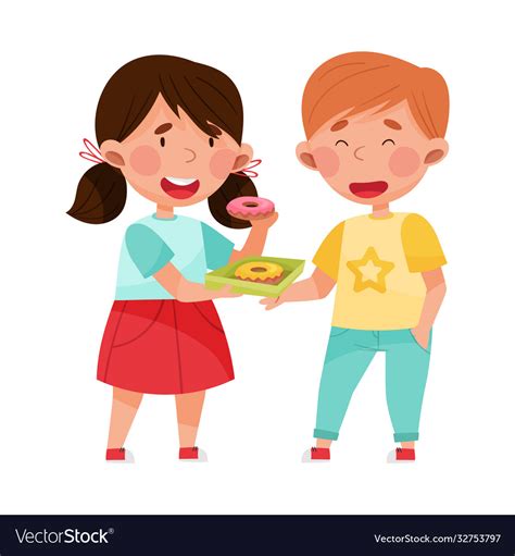 Friendly Girl Character Sharing Doughnut With Her Vector Image