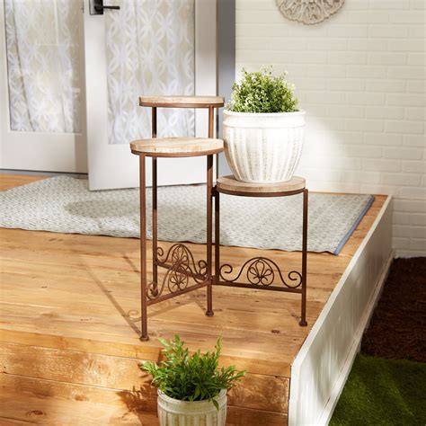 Weathered Wood Rustic Finish Triple Plant Stand Indoor Outdoor