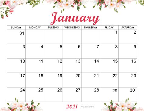 It is a january 2021 calendar with holidays with holidays, helping you plan all kinds of events at the beginning of the year. Cute January 2021 Calendar Template | Zudocalendrio