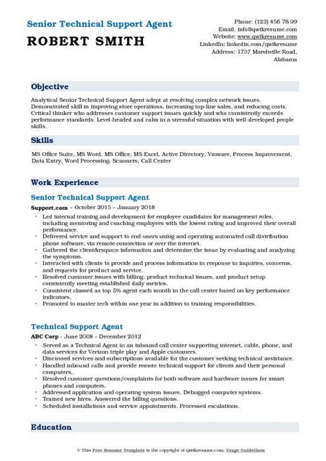 technical support agent resume samples qwikresume