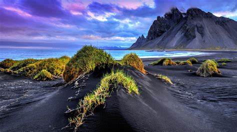 Black Sand Beach Iceland Sea Mountain Cliff Grass Clouds Nature