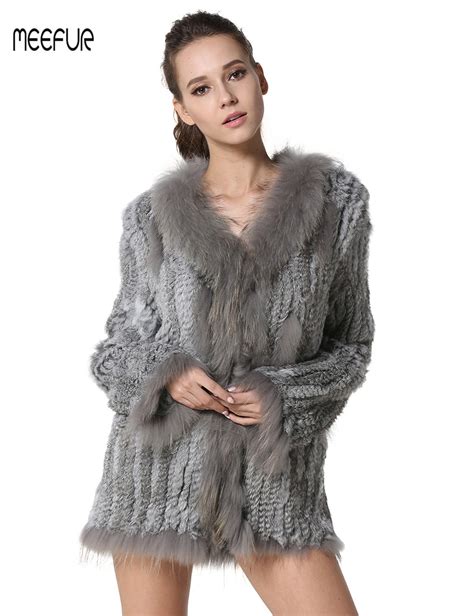 meefur real knitted rabbit fur coats for womens with raccoon fur collar coat ladies fashion real