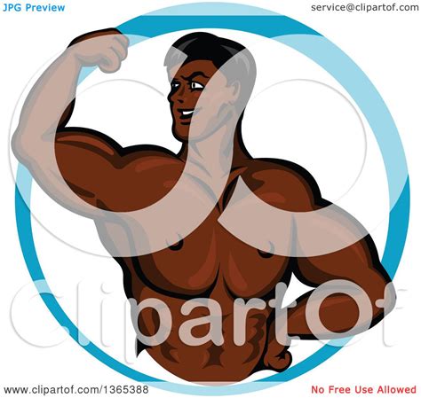 Clipart Of A Cartoon Strong Black Male Bodybuilder Flexing His Muscles