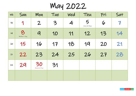 Free May 2022 Calendar With Holidays Printable Free Printable May