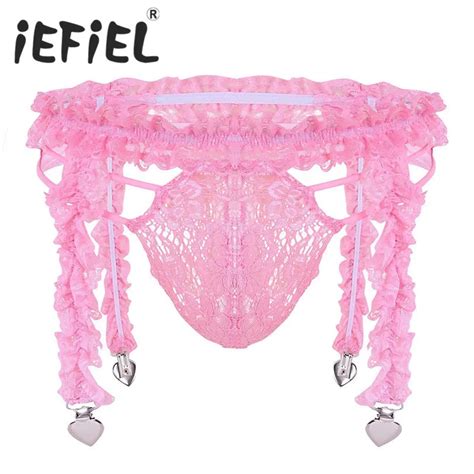 Iefiel Sexy Mens Lingerie Set Ruffled Sissy 4 Frilly Straps Heart Clips Garter Belt Bikini