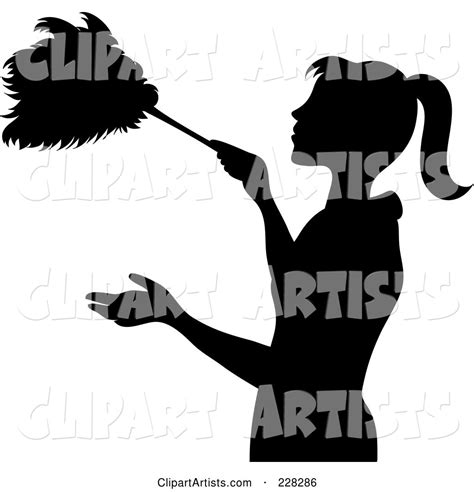 Black Silhouetted Maid Dusting With A Feather Duster Clipart By Rogue