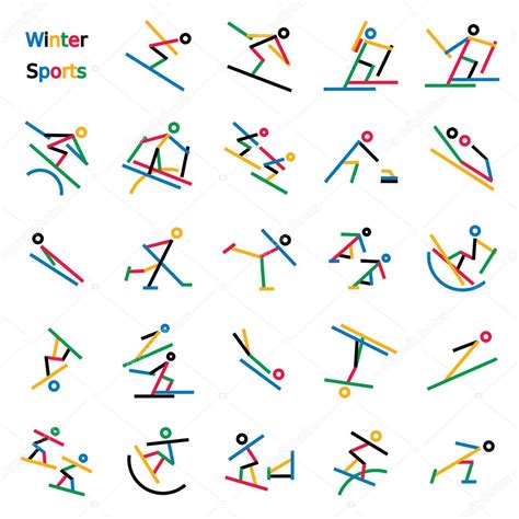 Set Of 24 Colorful Stick Figures Of Winter Sports Featured In The