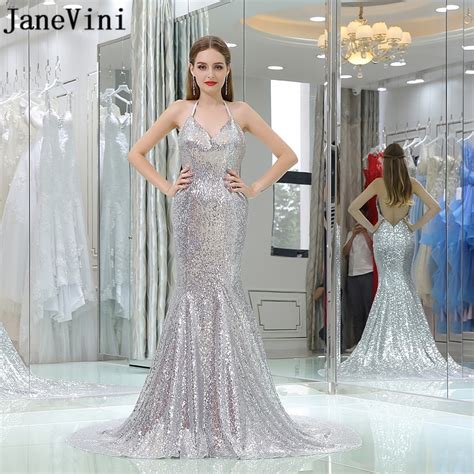 Janevini Sexy Mermaid Silver Bridesmaid Dresses Sparkly Sequined Halter