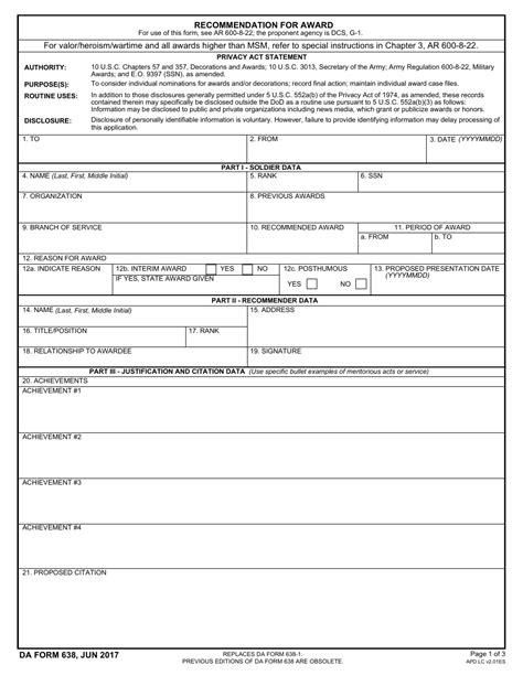 Army Award Form 638 Fillable Printable Forms Free Online