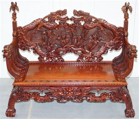 Rare Chinese Export Hand Carved Dragon Bench Chair Solid Teak Redwood