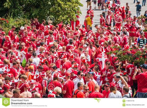 The 2018 Fifa World Cup Crowd Of Danish Fans In Red T Shirts Drink