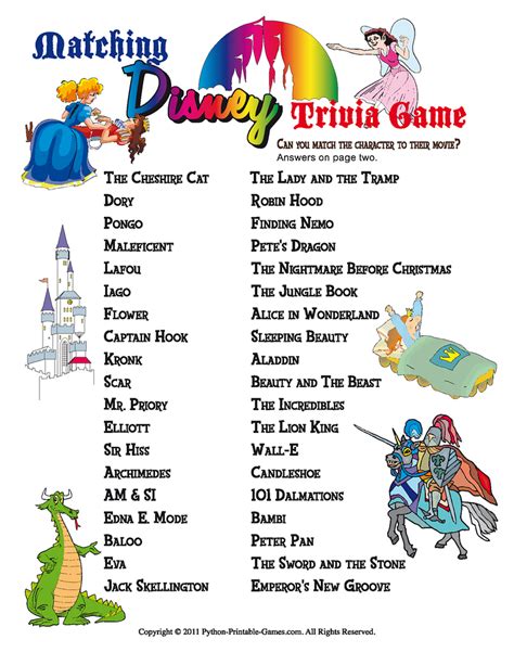 Disney Printable Party Games Disney Trivia Match Game Oscar Party