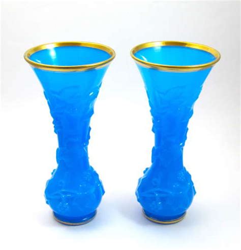 Pair Of Antique Baccarat Blue Opaline Glass Vases