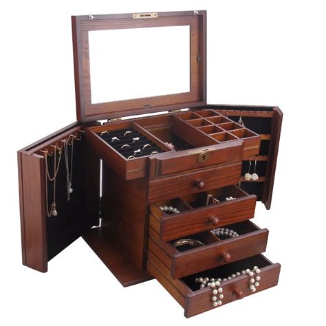 Rowling Wooden Extra Large Jewelry Box Jewellery Lock Cabinet Mirror